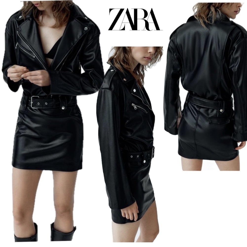 Zara black faux leather moto biker mini dress Sz M NWOT long sleeve zippered